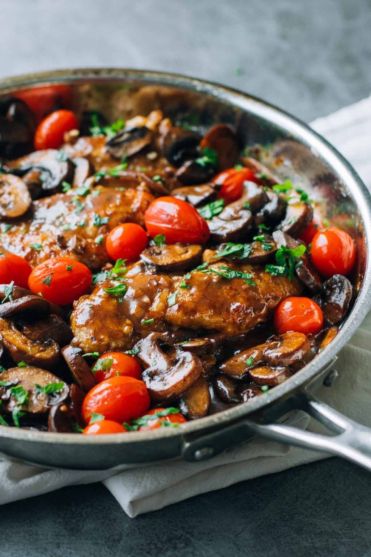 Chicken Marsala in a skillet.